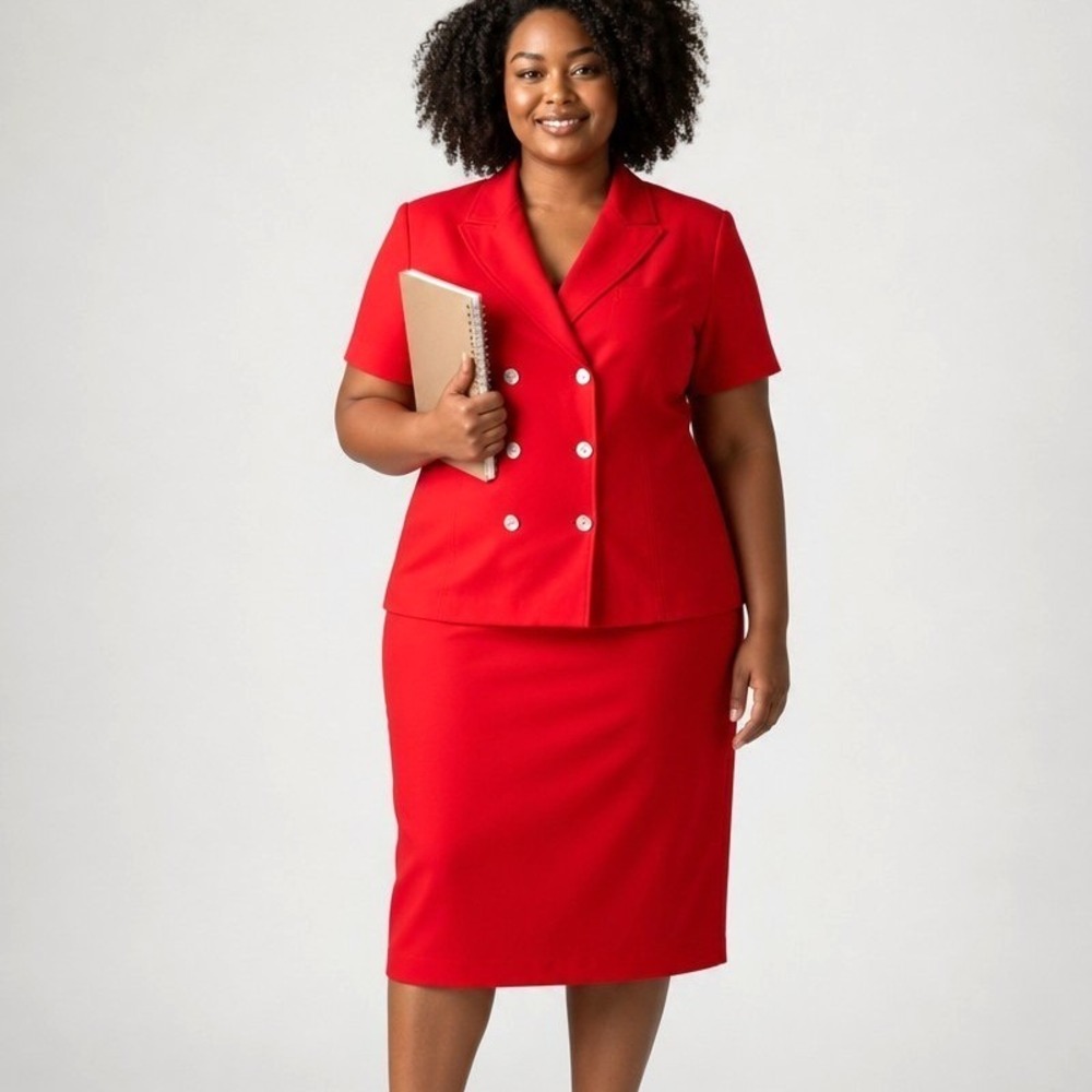 Vintage Rafael Red Short Sleeve Double Breasted Skirt Suit Set Vintage Size 18